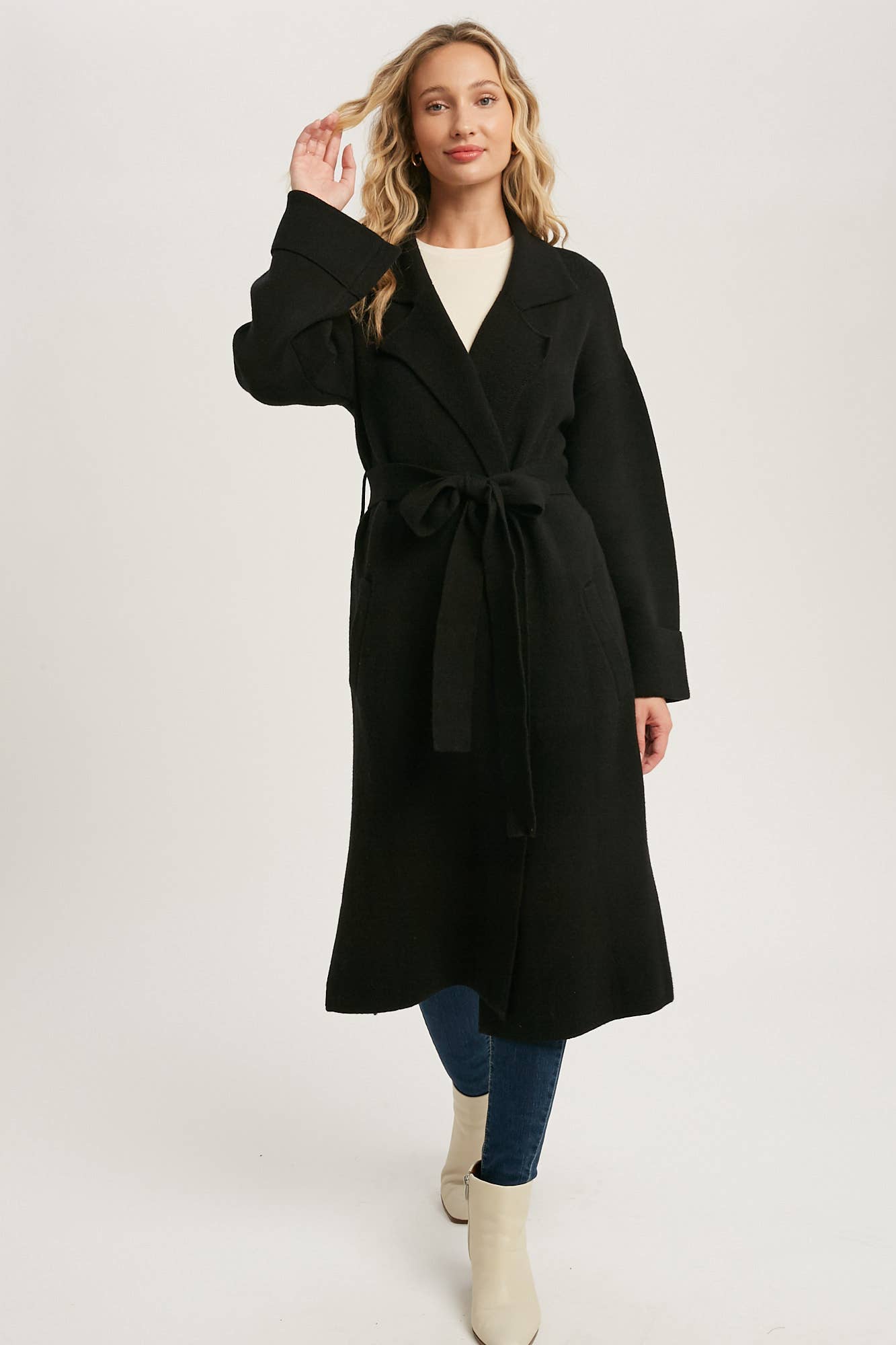 Leah Long Sleeve Heavy Knit Trench Coat - Black