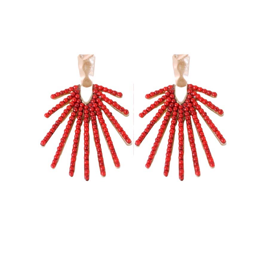 Hammered Gold Sunburst Drop Earrings - Red