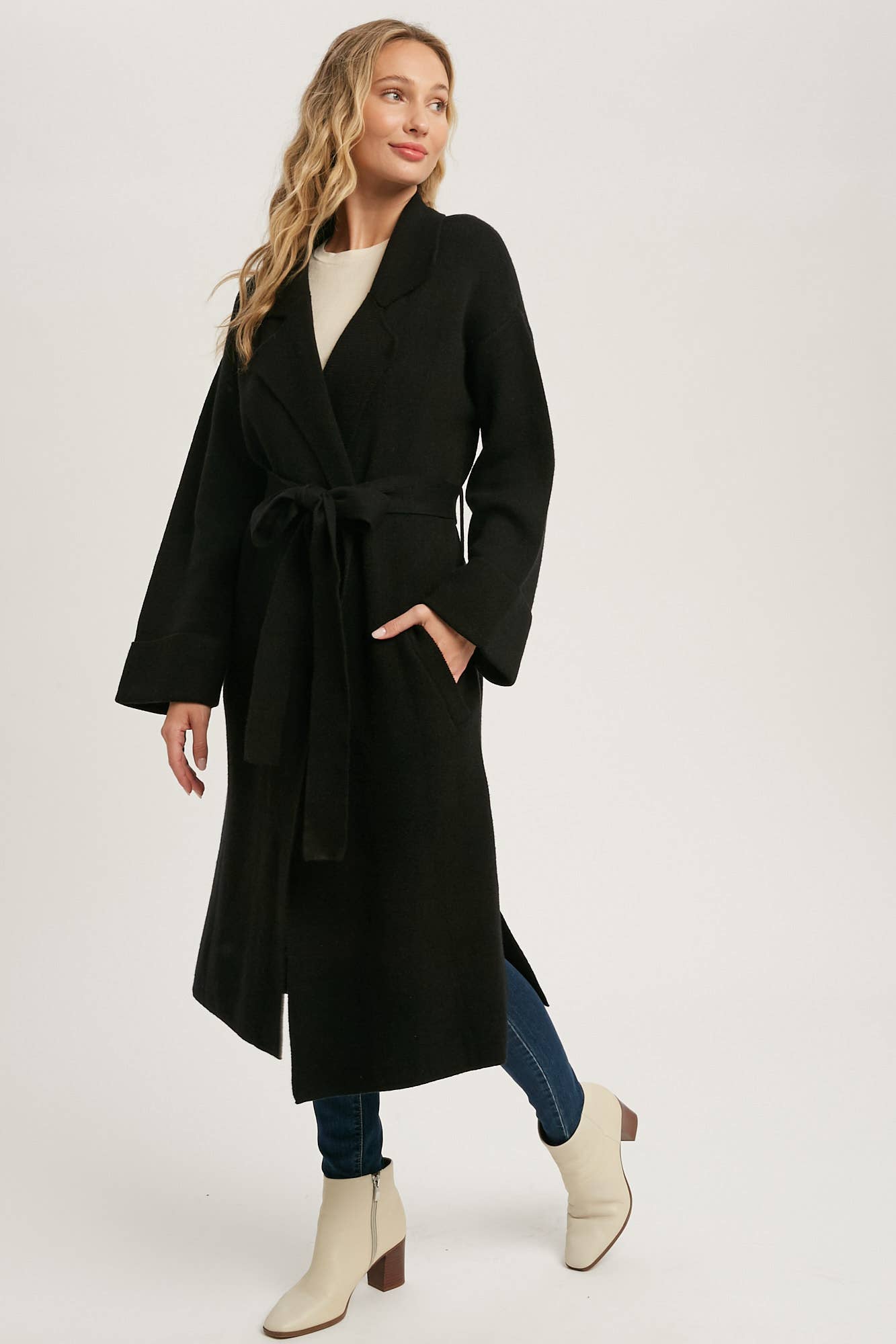 Leah Long Sleeve Heavy Knit Trench Coat - Black