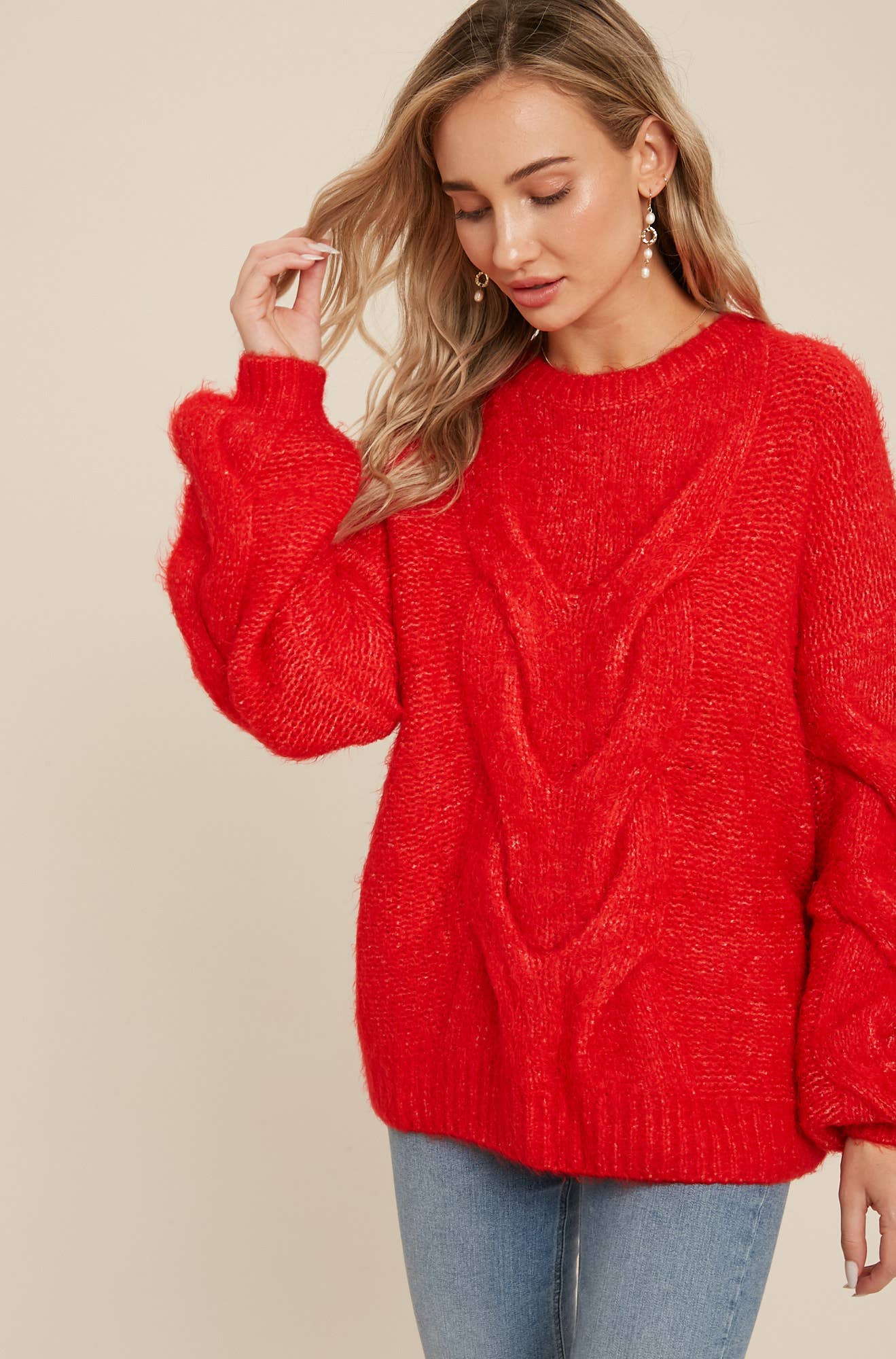 Mel Oversized Cable Knit Long Sleeve Sweater Pullover - Red