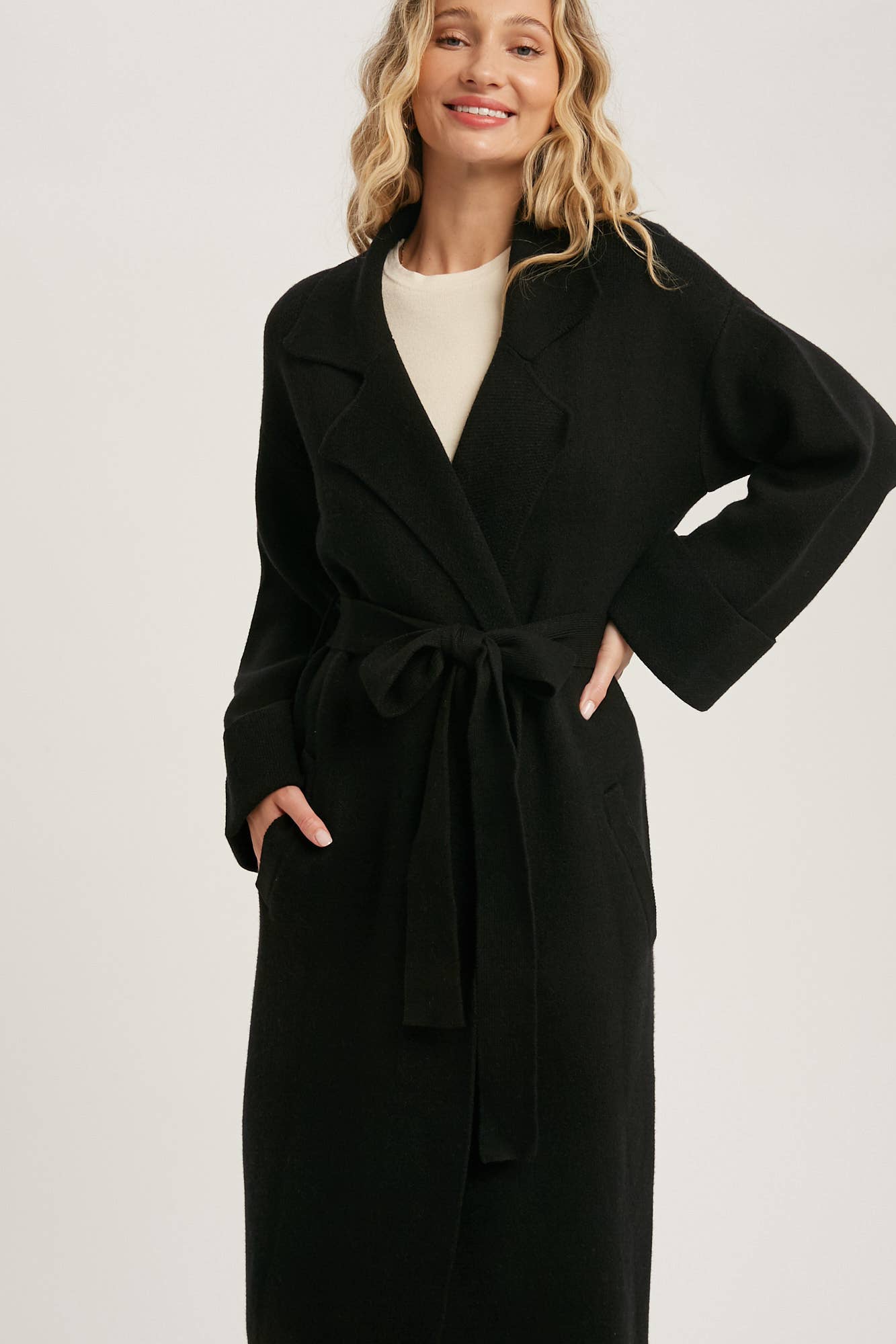 Leah Long Sleeve Heavy Knit Trench Coat - Black