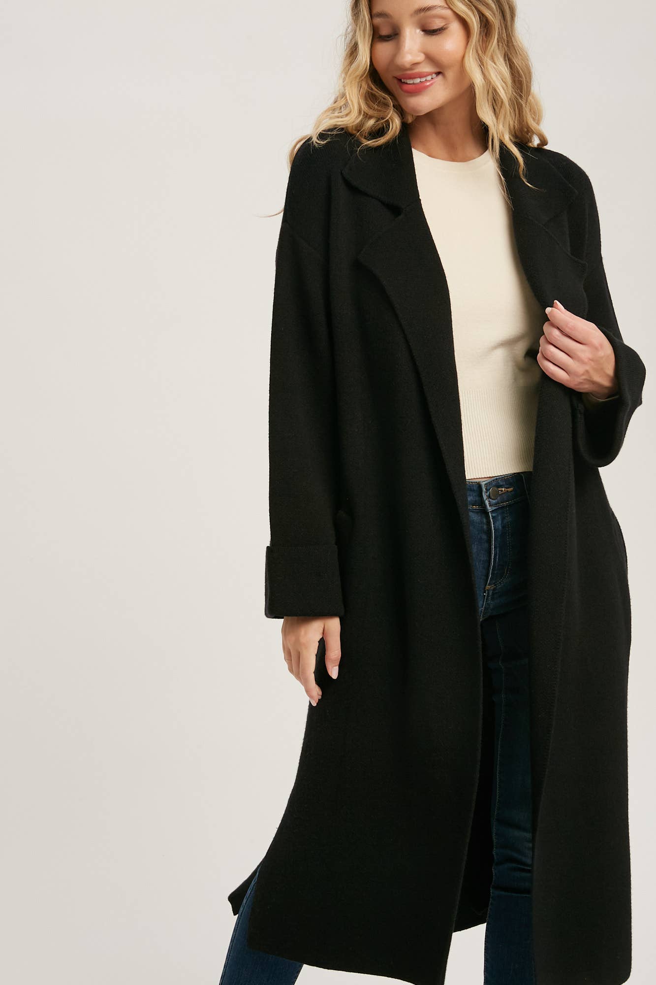 Leah Long Sleeve Heavy Knit Trench Coat - Black