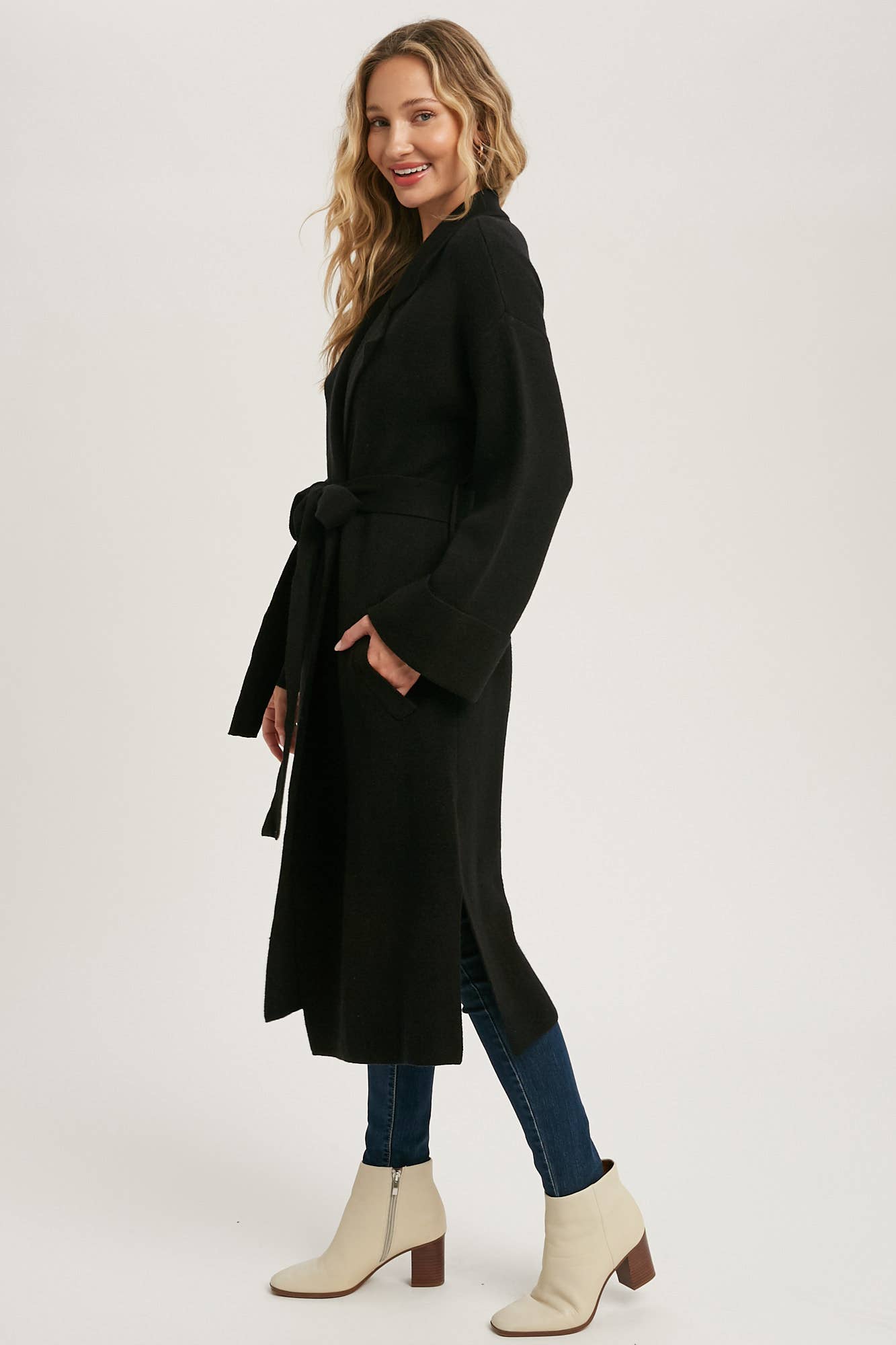 Leah Long Sleeve Heavy Knit Trench Coat - Black