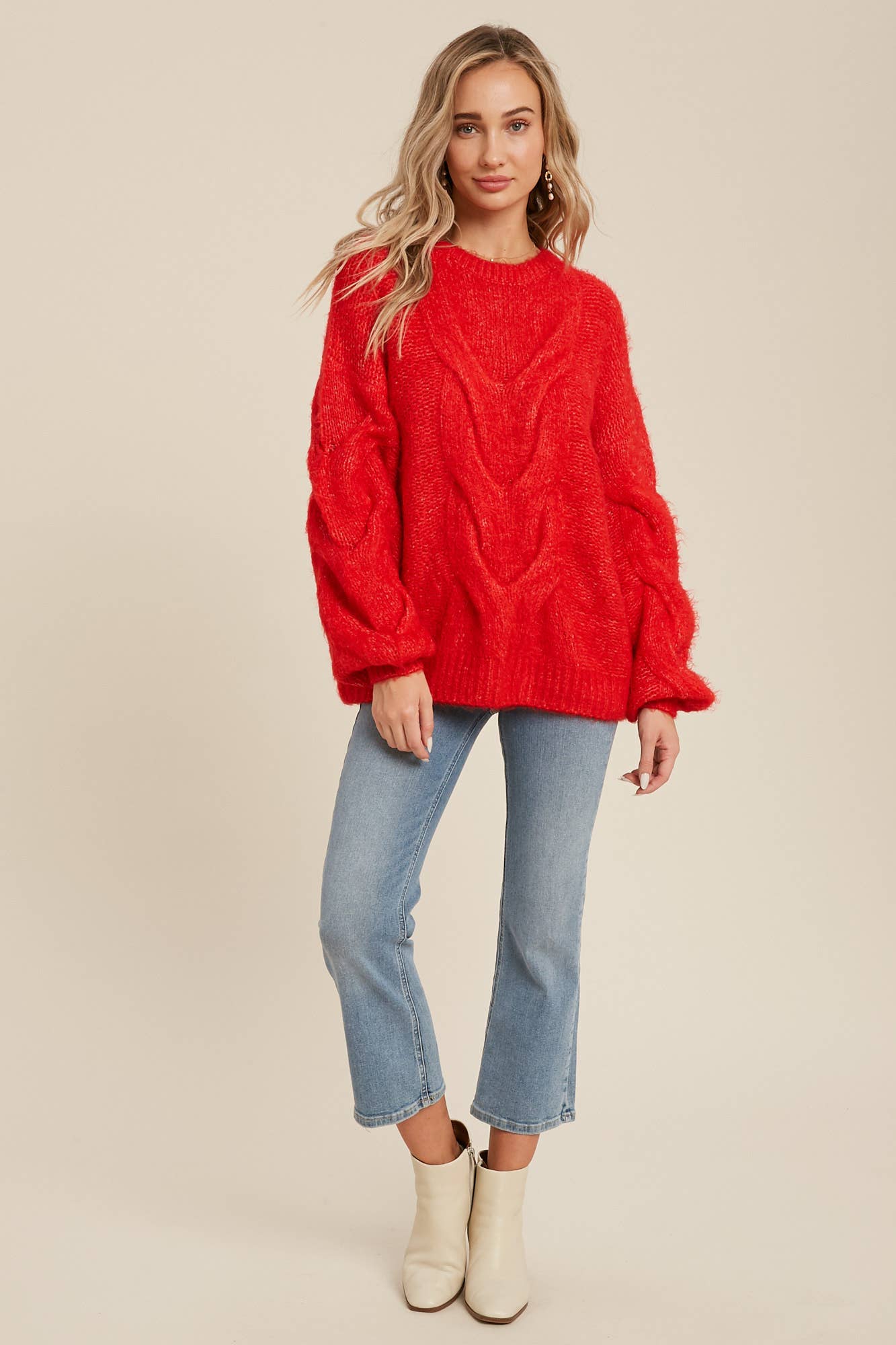 Mel Oversized Cable Knit Long Sleeve Sweater Pullover - Red