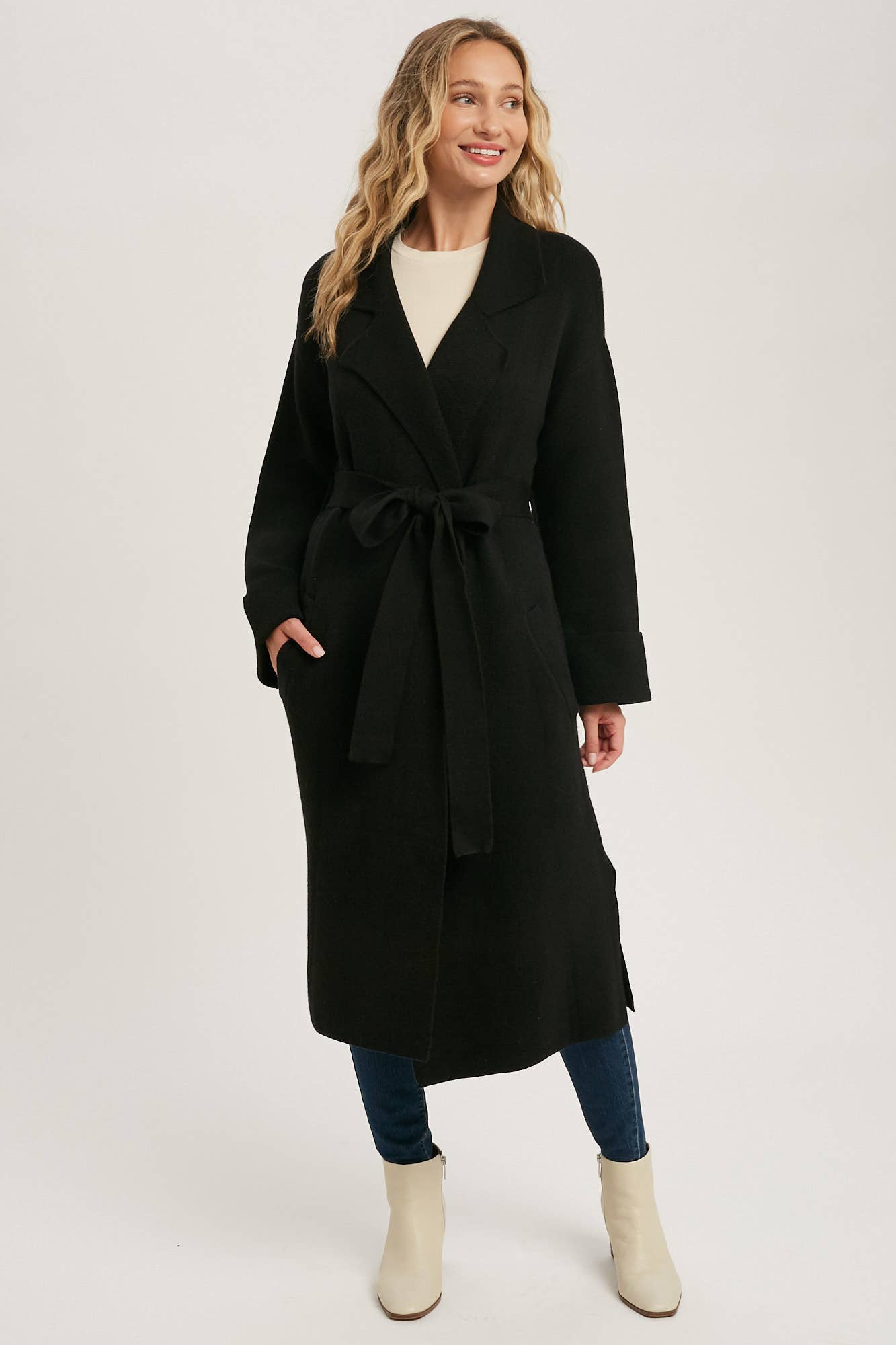 Leah Long Sleeve Heavy Knit Trench Coat - Black