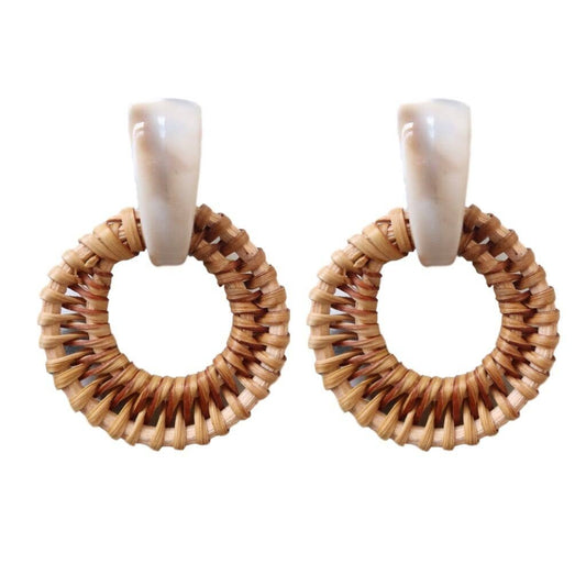 Bali Button Rattan Tortoise Accent Hoops