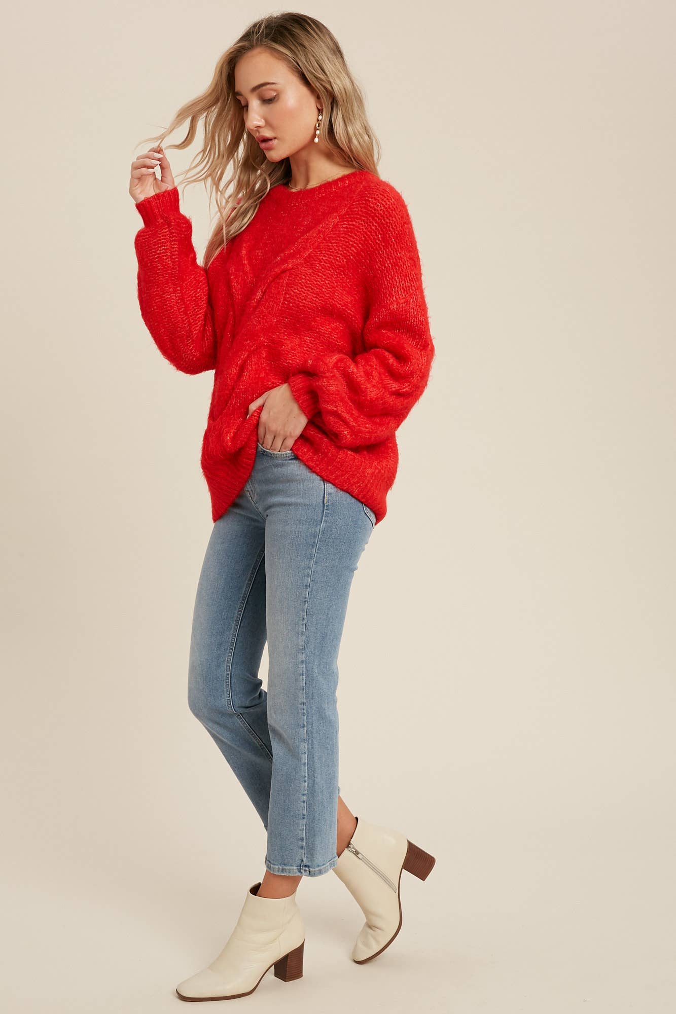 Mel Oversized Cable Knit Long Sleeve Sweater Pullover - Red