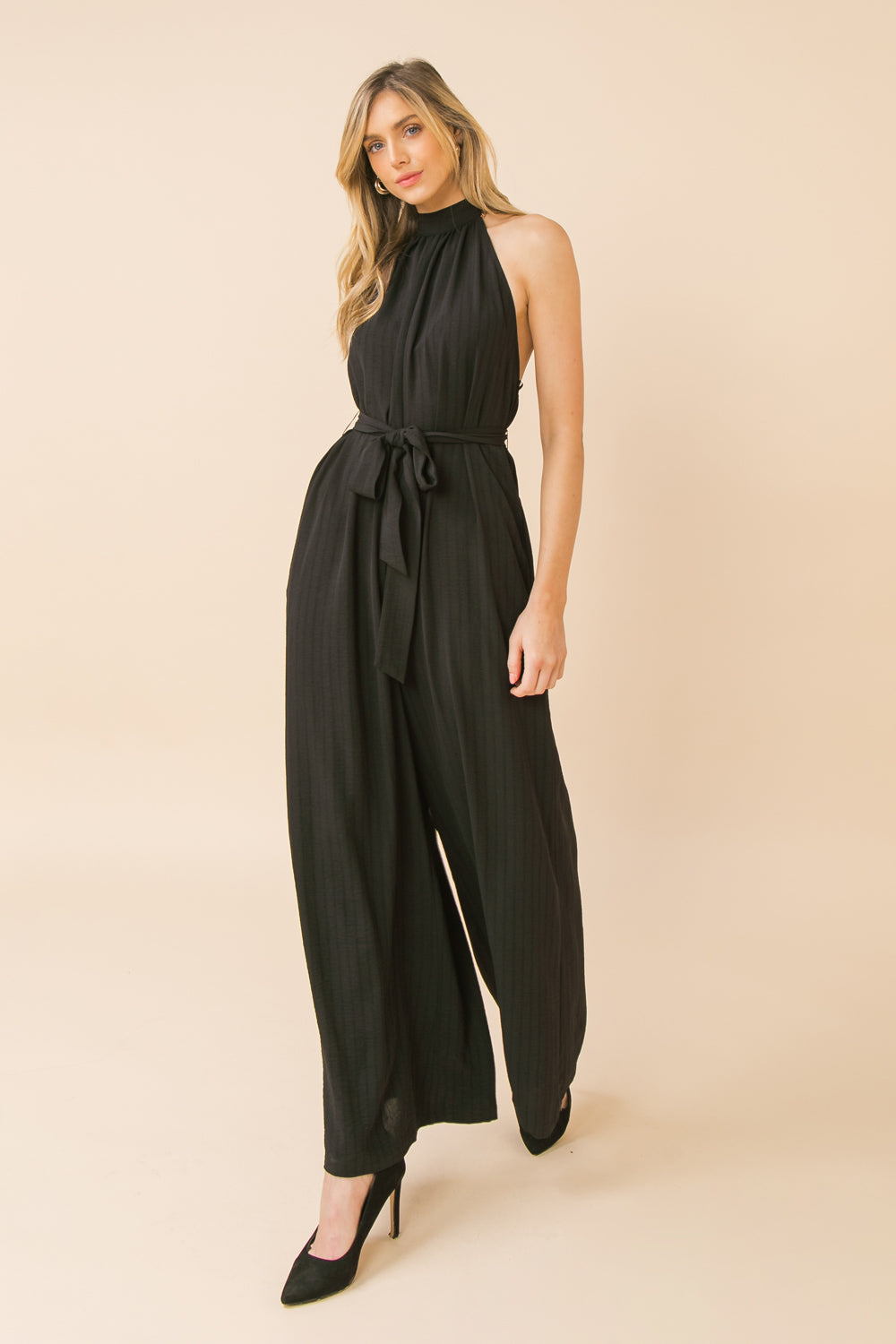 zSALE Captiva High Neck Wide Leg Open Back Jumpsuit - Black