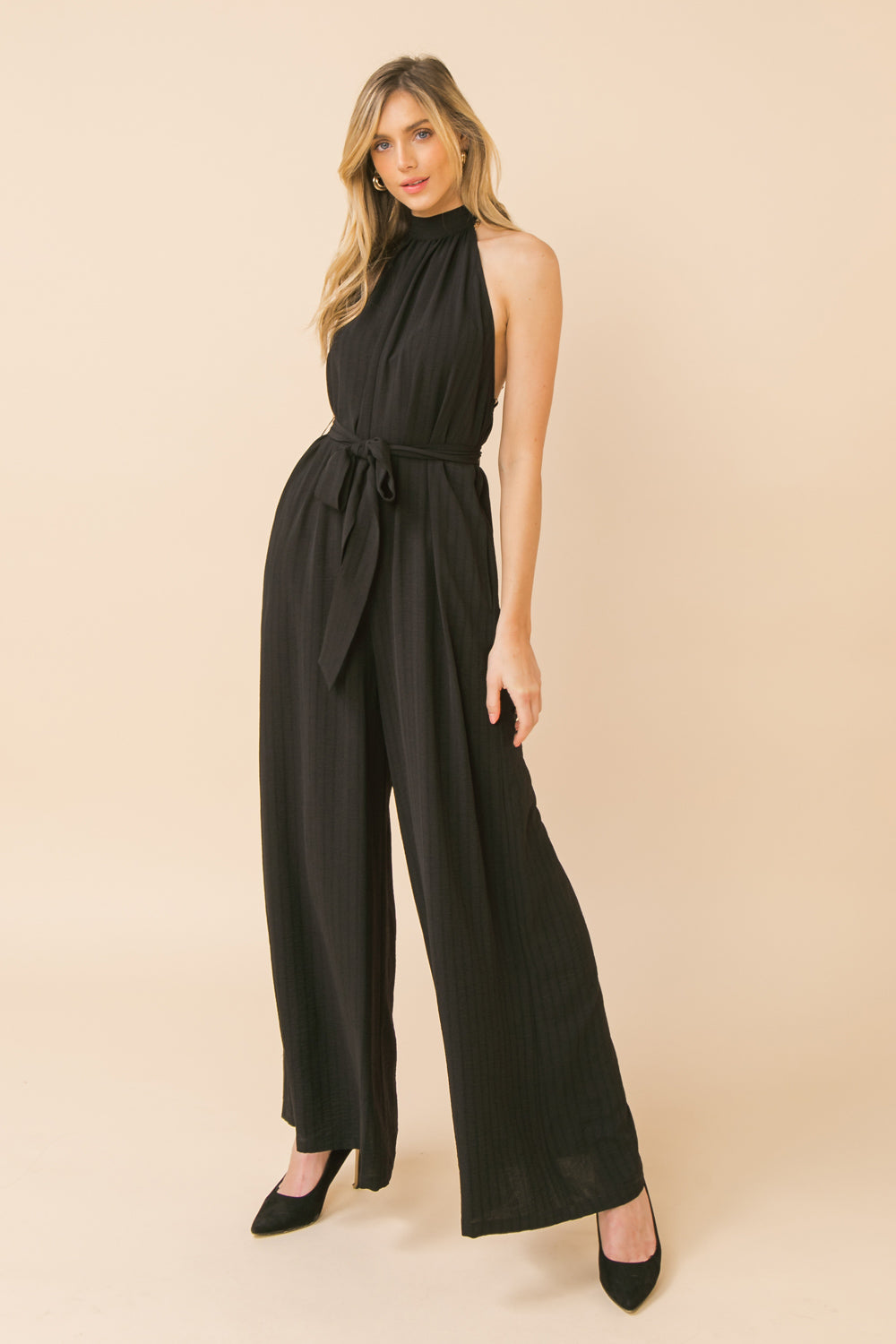 zSALE Captiva High Neck Wide Leg Open Back Jumpsuit - Black