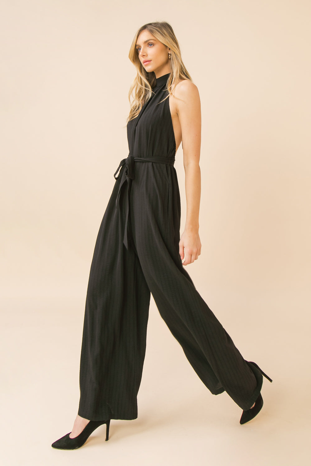 zSALE Captiva High Neck Wide Leg Open Back Jumpsuit - Black