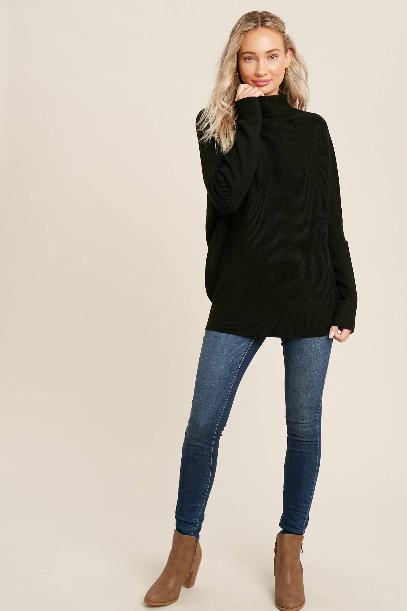 Chloe Long Sleeve Dolman Pullover Sweater - Black