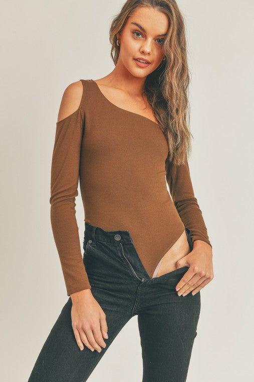 Camine Long Sleeve One Shoulder Cutout Bodysuit - Chocolate Brown