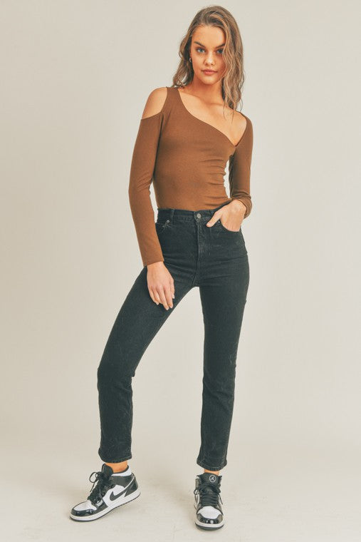 Camine Long Sleeve One Shoulder Cutout Bodysuit - Chocolate Brown