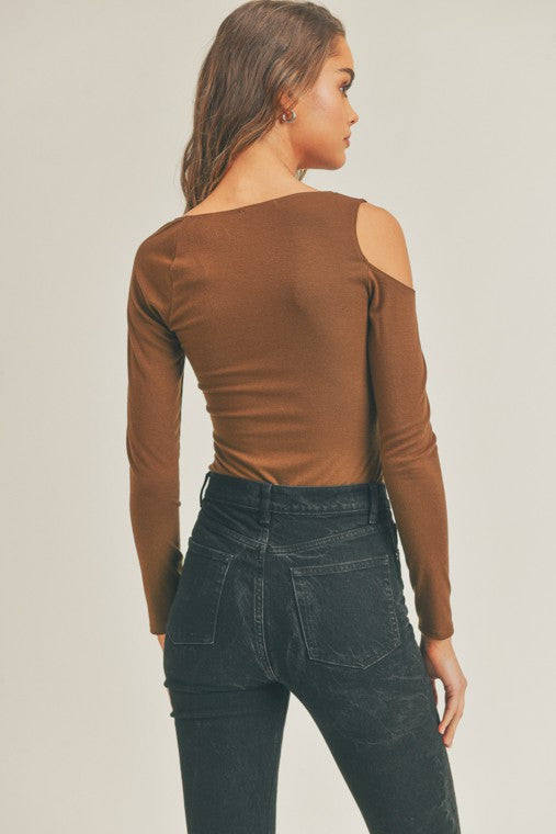 Camine Long Sleeve One Shoulder Cutout Bodysuit - Chocolate Brown