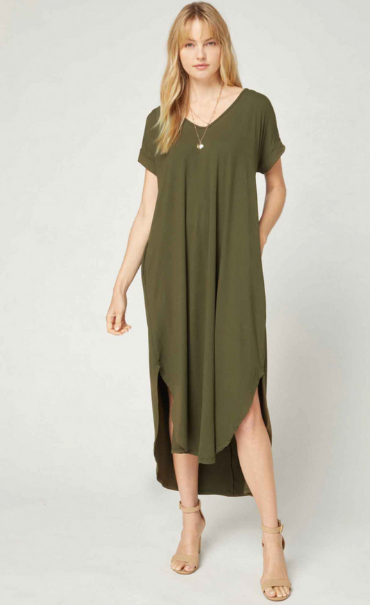 zSALE Cove Jersey Knit V-Relaxed Fit T-Shirt Maxi Dress - Olive Green