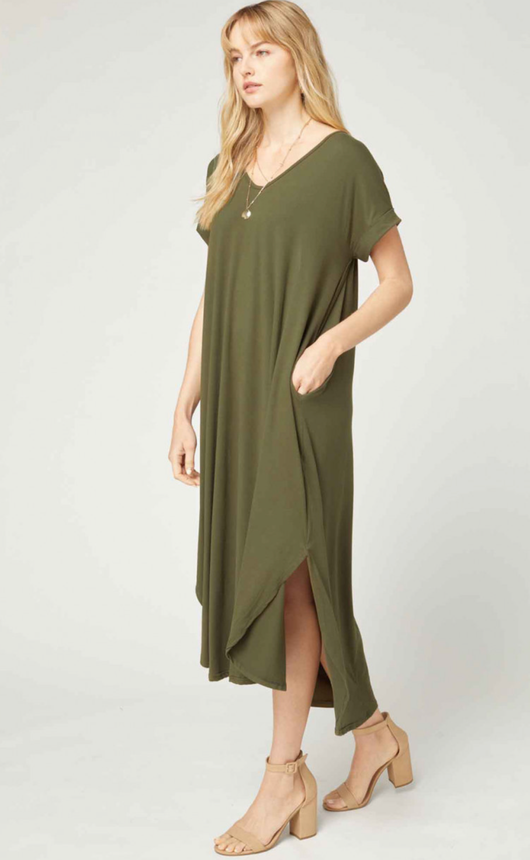 zSALE Cove Jersey Knit V-Relaxed Fit T-Shirt Maxi Dress - Olive Green