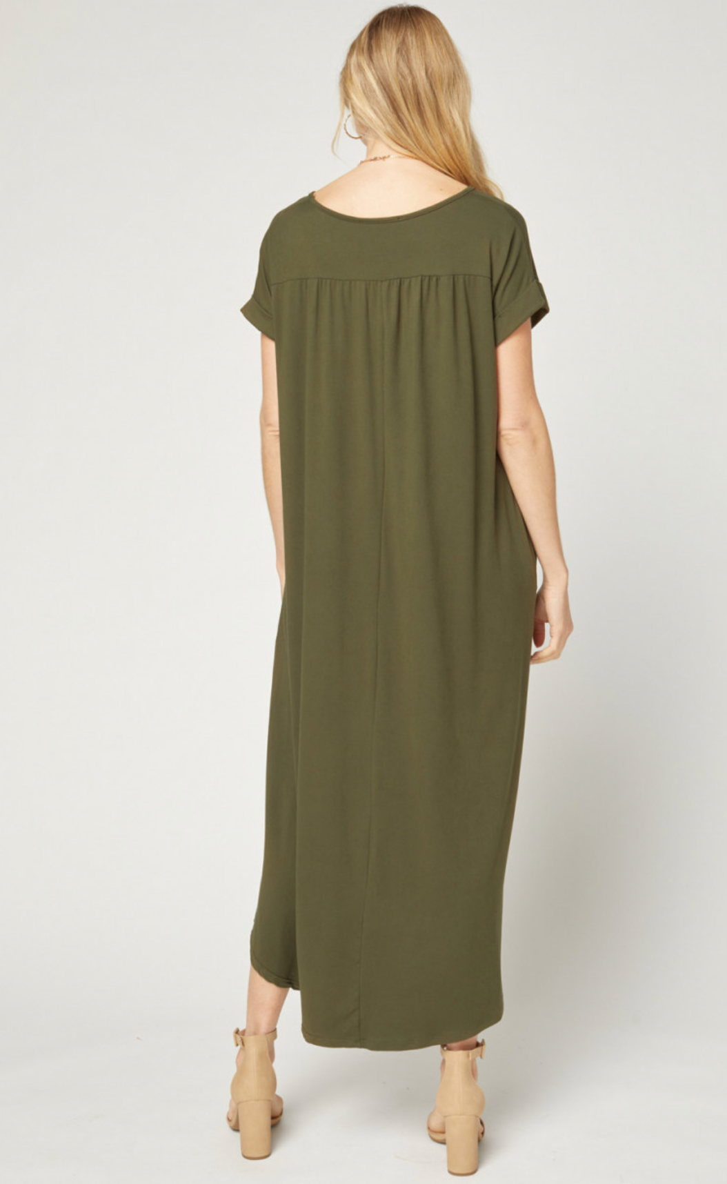 zSALE Cove Jersey Knit V-Relaxed Fit T-Shirt Maxi Dress - Olive Green