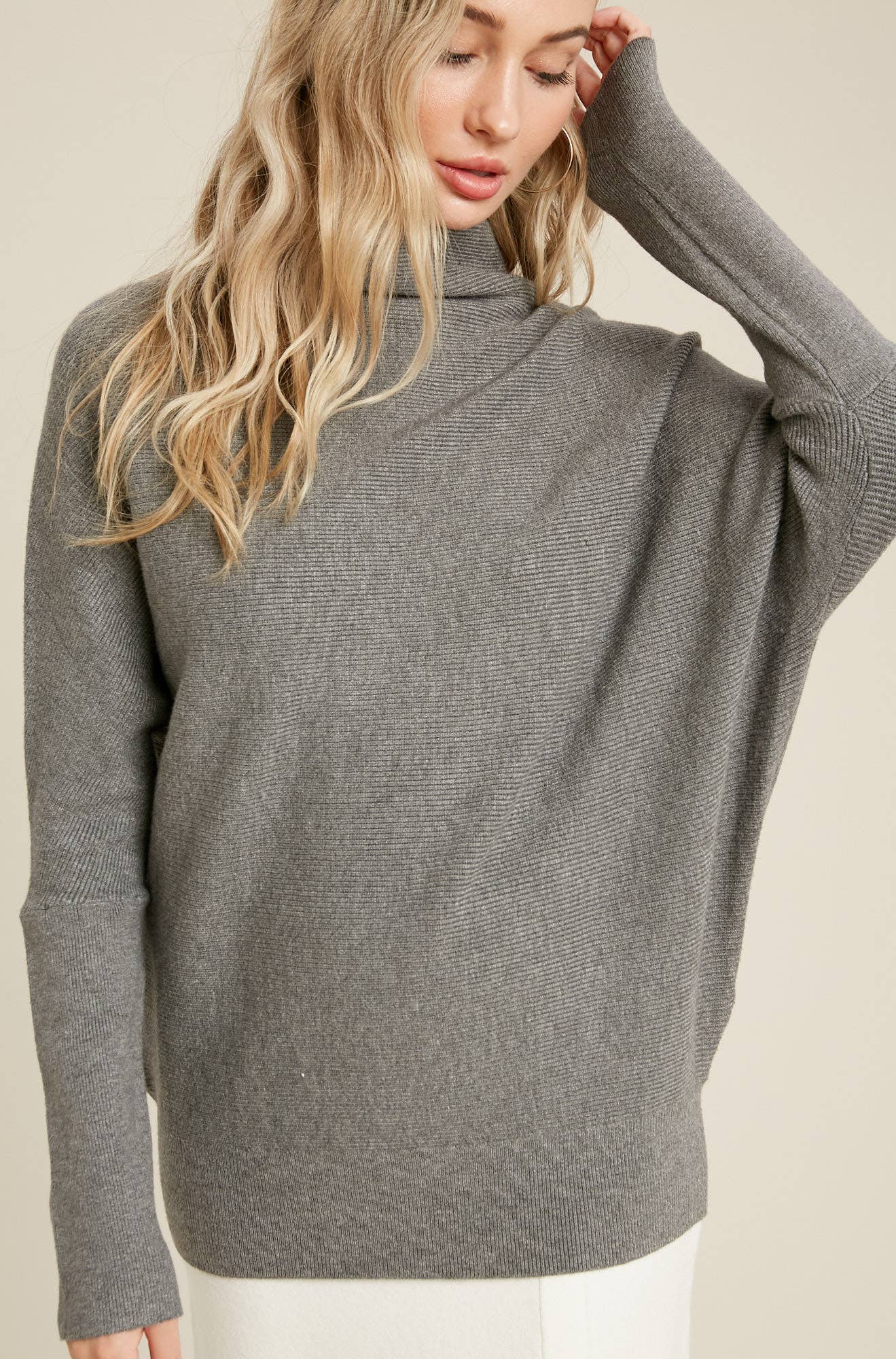 Chloe Long Sleeve Dolman Pullover Sweater - Dark Grey