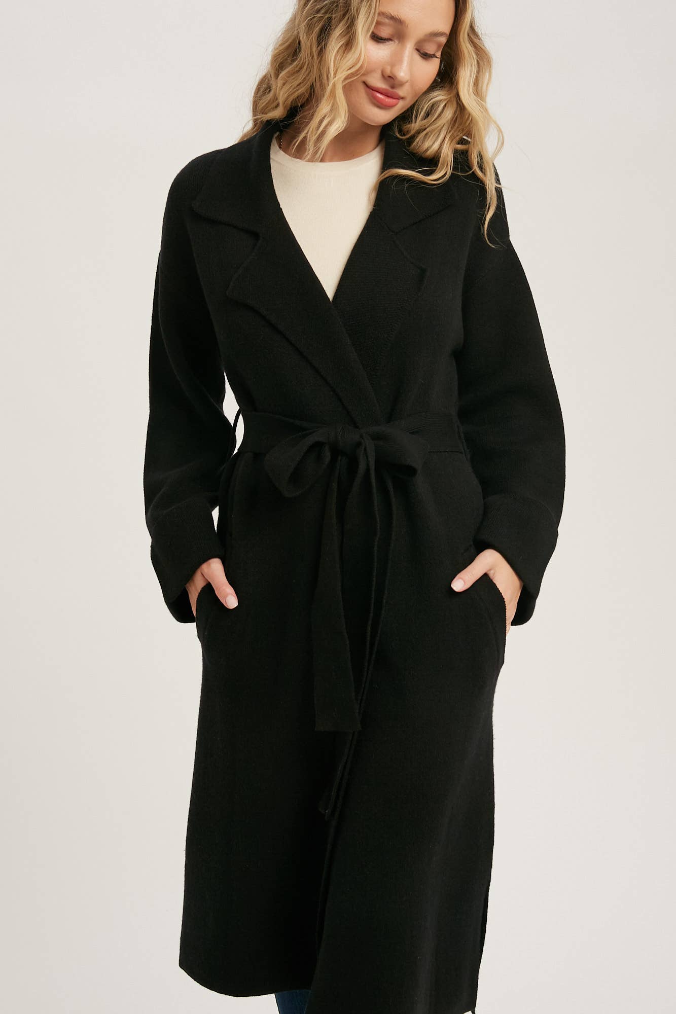 Leah Long Sleeve Heavy Knit Trench Coat - Black