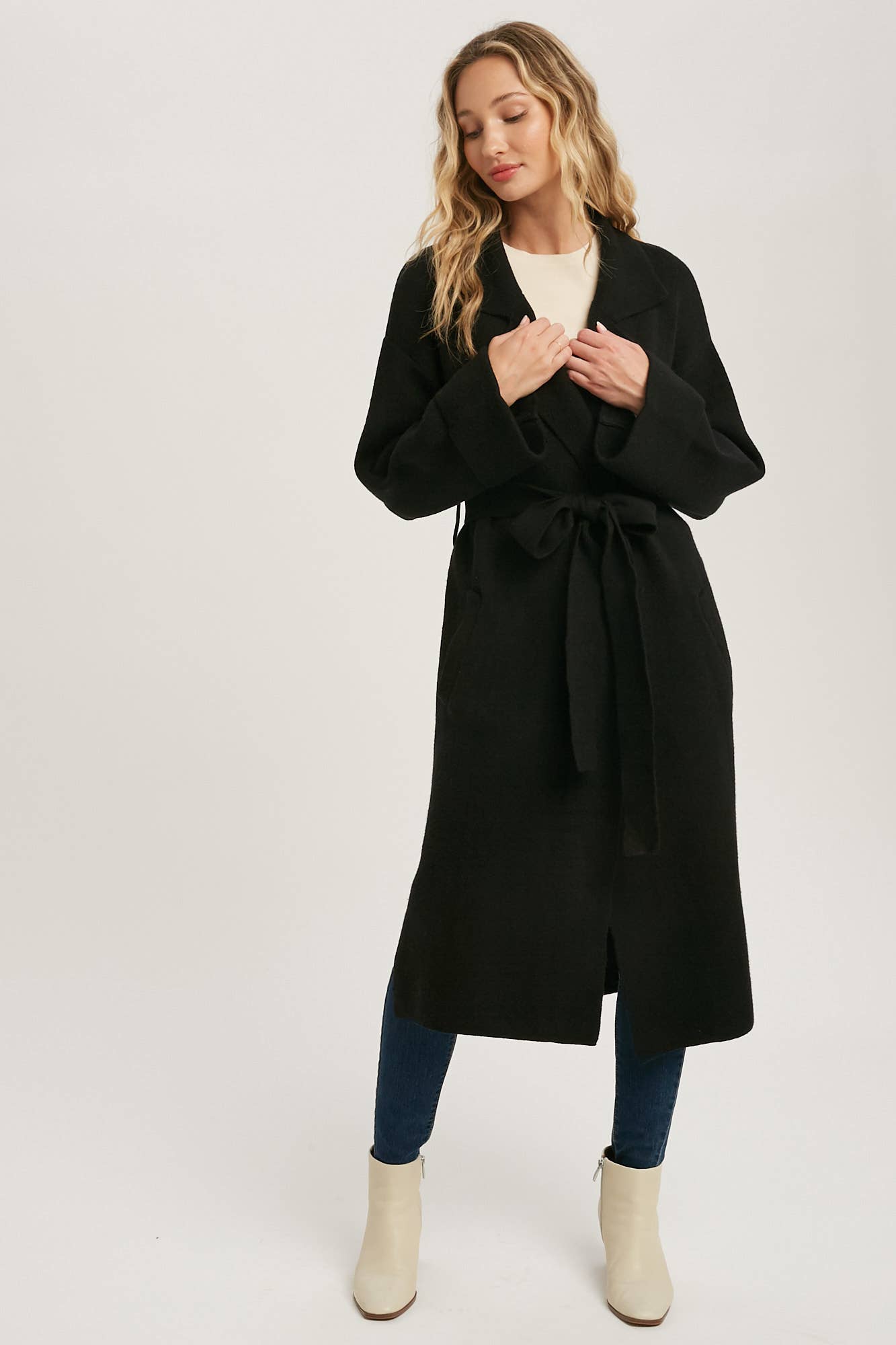 Leah Long Sleeve Heavy Knit Trench Coat - Black