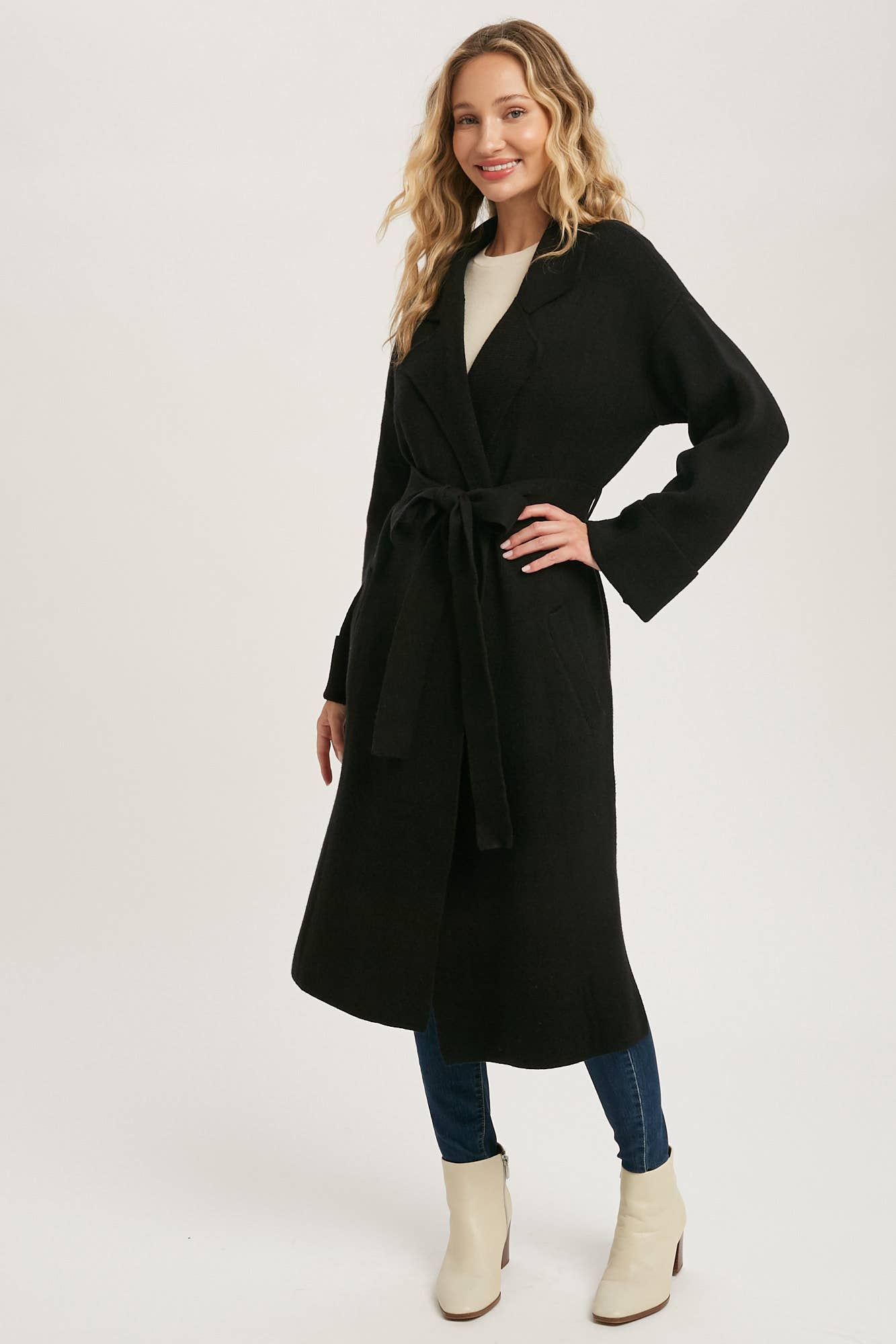 Leah Long Sleeve Heavy Knit Trench Coat - Black