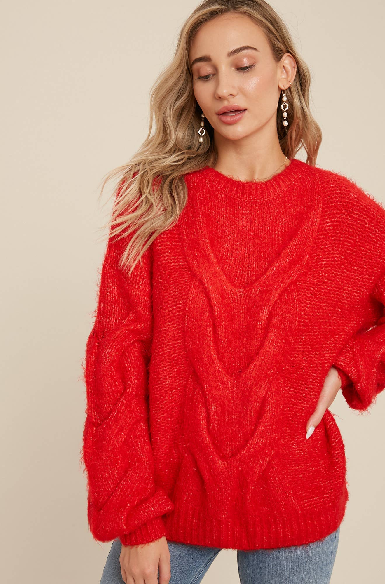 Mel Oversized Cable Knit Long Sleeve Sweater Pullover - Red