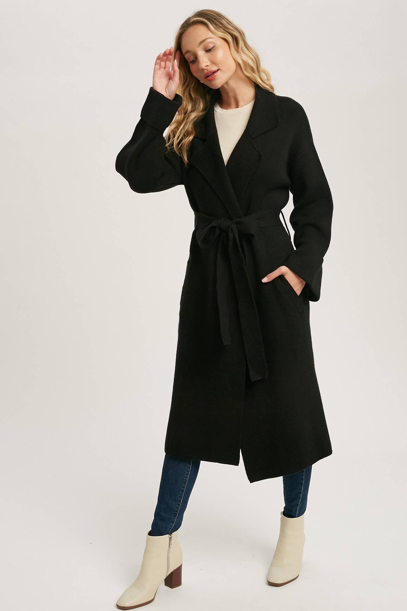 Leah Long Sleeve Heavy Knit Trench Coat - Black