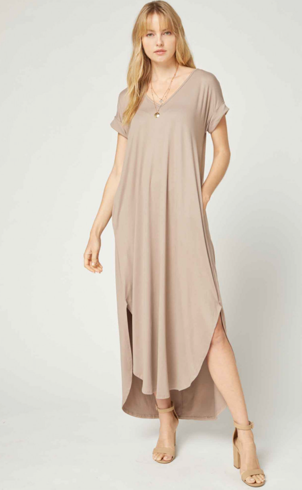 zSALE Cove Jersey Knit V-Relaxed Fit T-Shirt Maxi Dress - Sand