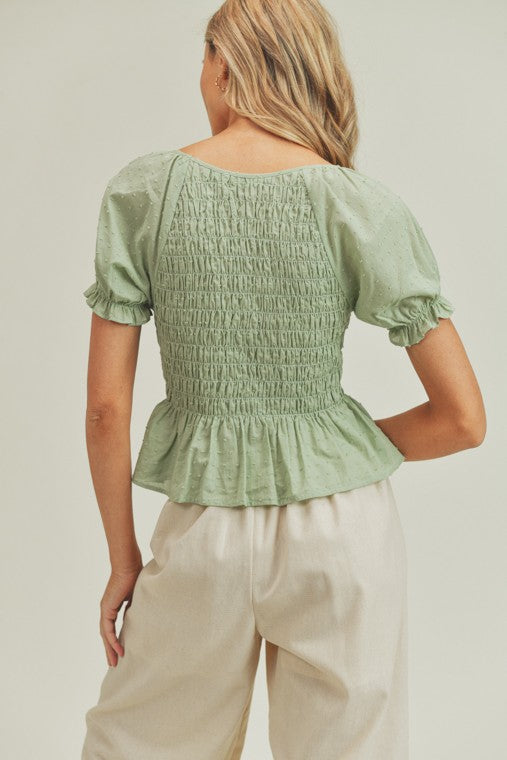 zSALE Khloe Smocked Swiss Dot Woven Blouse - Sage Green