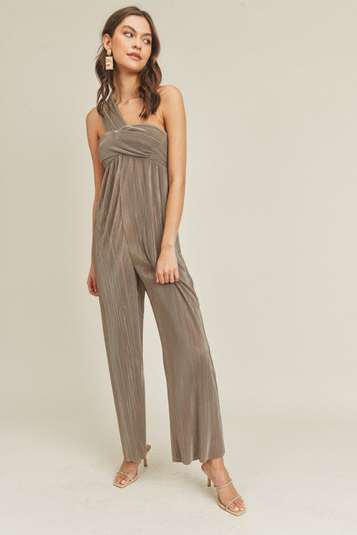 Delmare Pleated Metallic One Shoulder Jumpsuit - Ash