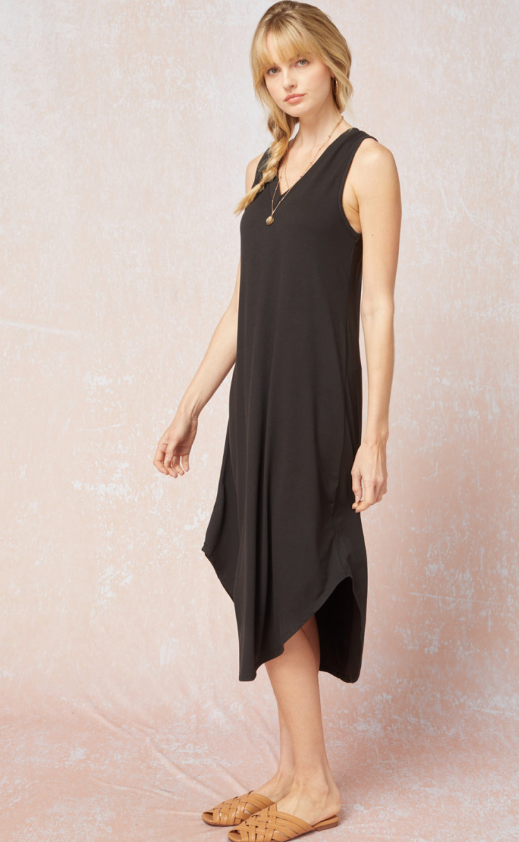 Shore Jersey Knit V-Neck Relaxed Fit T-Shirt Dress - Black